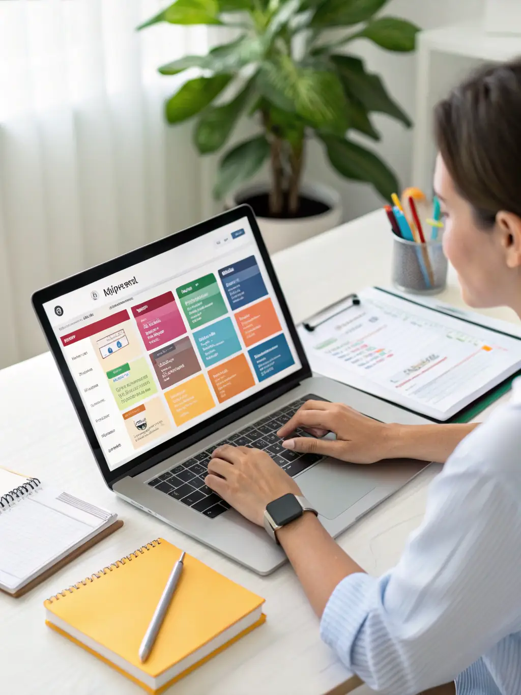 A professional project management software interface displayed on a laptop screen, showcasing task assignments, timelines, and progress tracking, suitable for Canadian project teams.