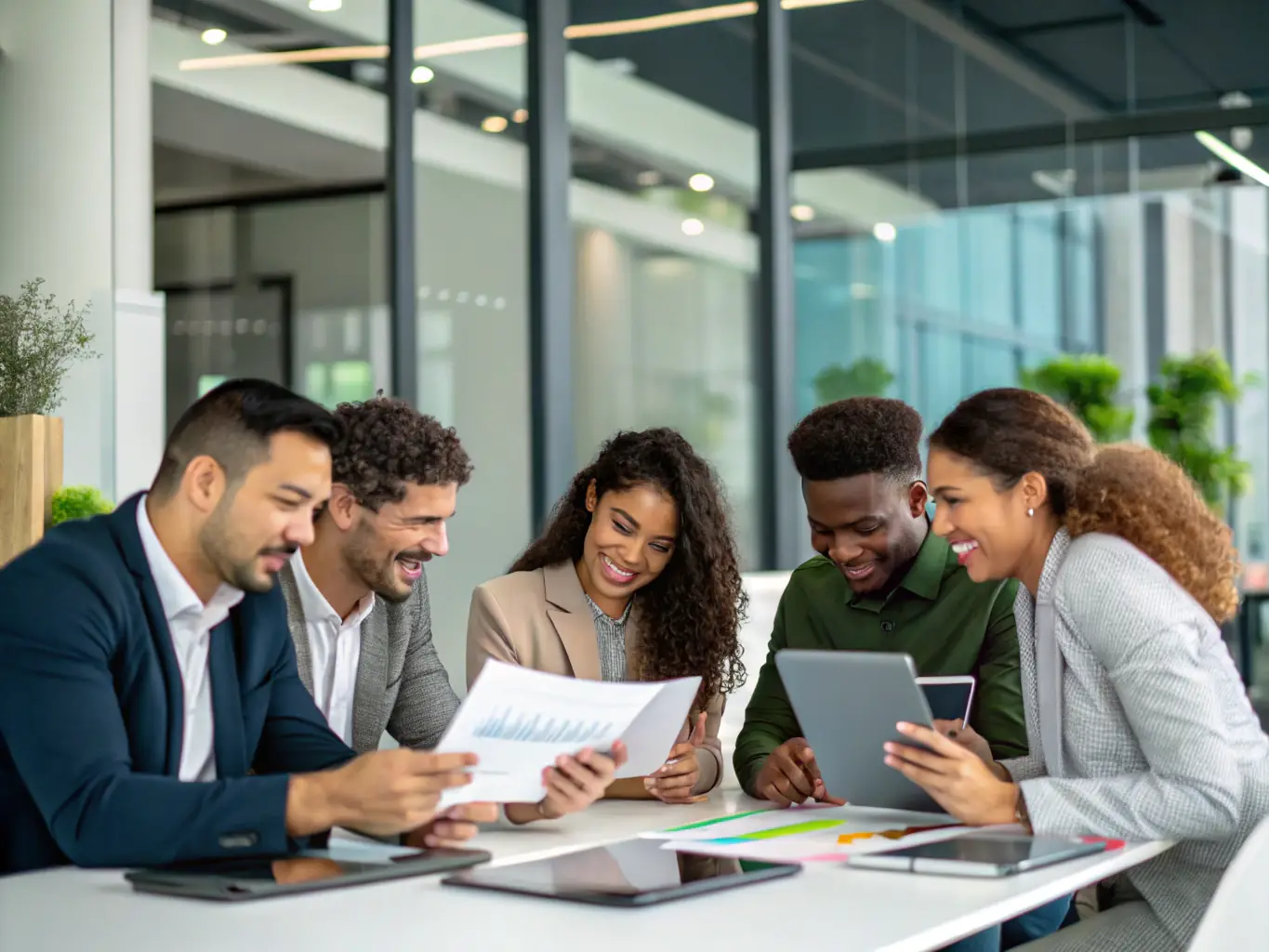 An image depicting a diverse team of Canadian professionals collaborating efficiently in a modern office setting, emphasizing teamwork and productivity.